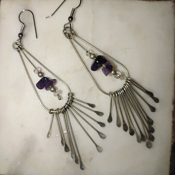 Long Vintage Silver Dangle Earrings Purple  Amethyst  Pearl Beads Fringe - Picture 1 of 9
